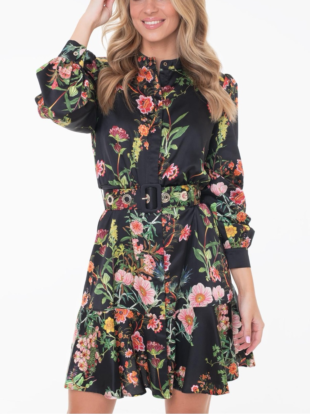 Marciano by Guess Black Botanical Floral Mock Neck Flounce Mini Dress 2